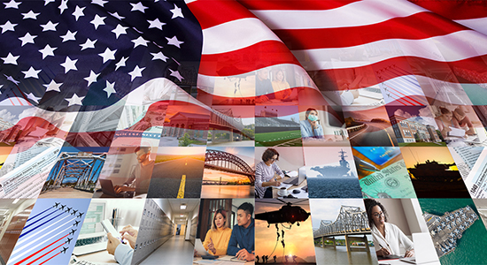 American flag with a collage of images